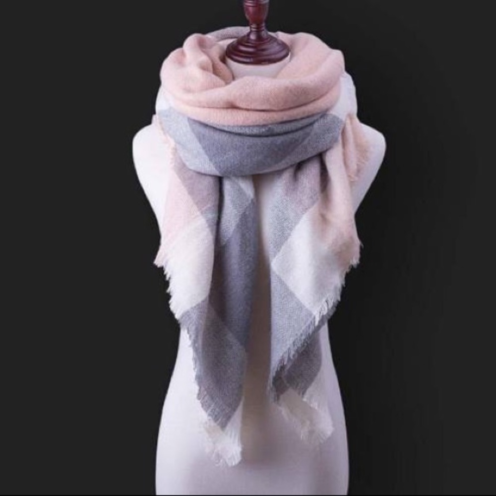 Light Pink & Grey Plaid Scarf Shawl Pashmina
